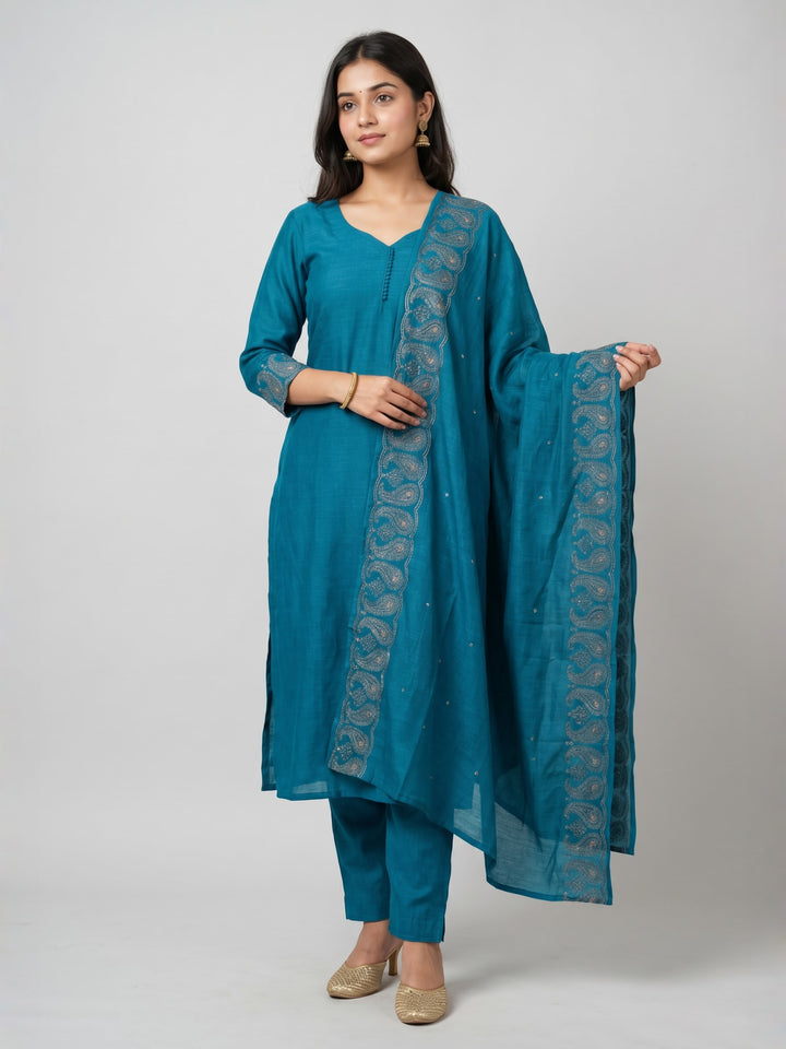 Teal Blue Kurta Set with Dupatta | Embroidered Border Straight Kurta