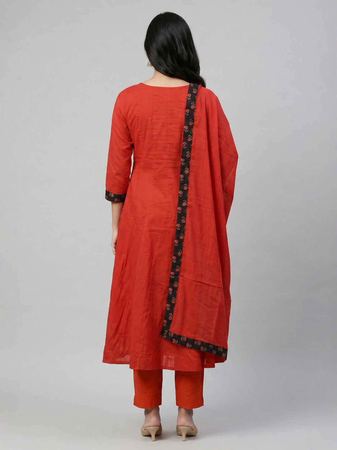 Red Straight Kurta Set with Printed Yoke and Dupatta | Ethnic Kurta with Coordinated Bottom