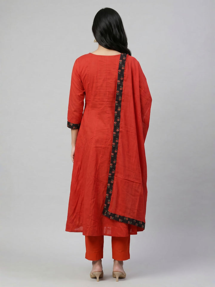 Red Straight Kurta Set with Printed Yoke and Dupatta | Ethnic Kurta with Coordinated Bottom