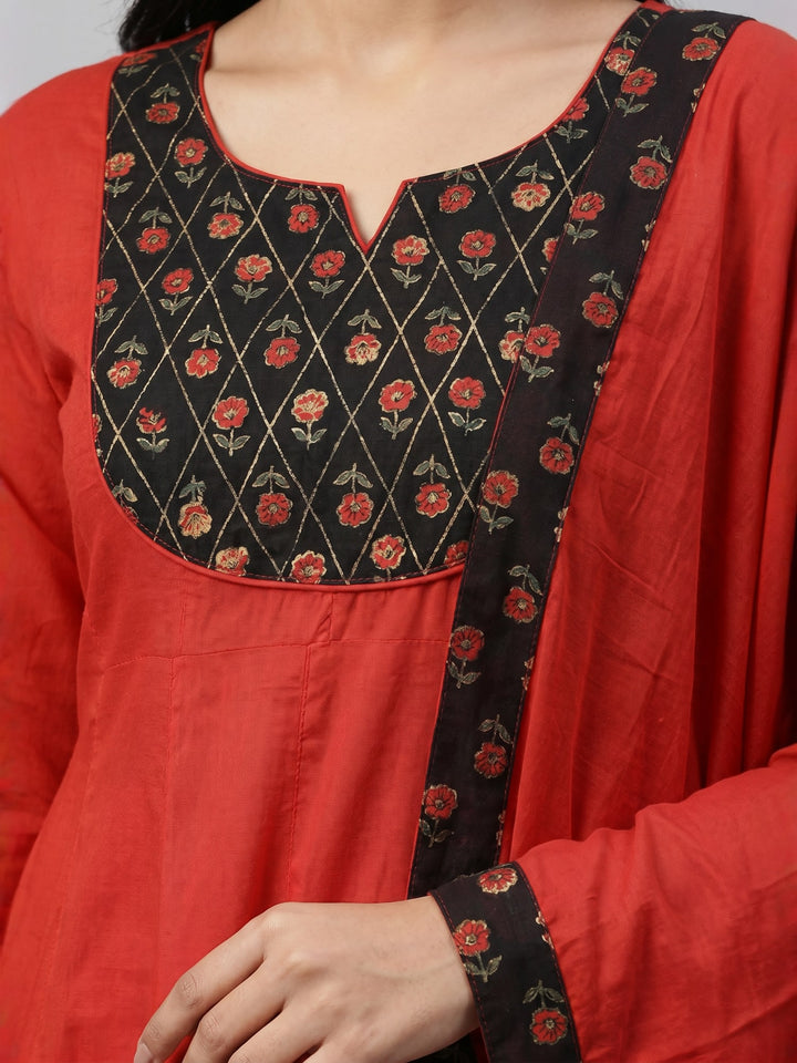 Red Straight Kurta Set with Printed Yoke and Dupatta | Ethnic Kurta with Coordinated Bottom
