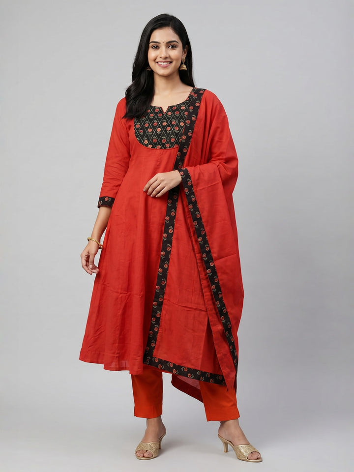 Red Straight Kurta Set with Printed Yoke and Dupatta | Ethnic Kurta with Coordinated Bottom