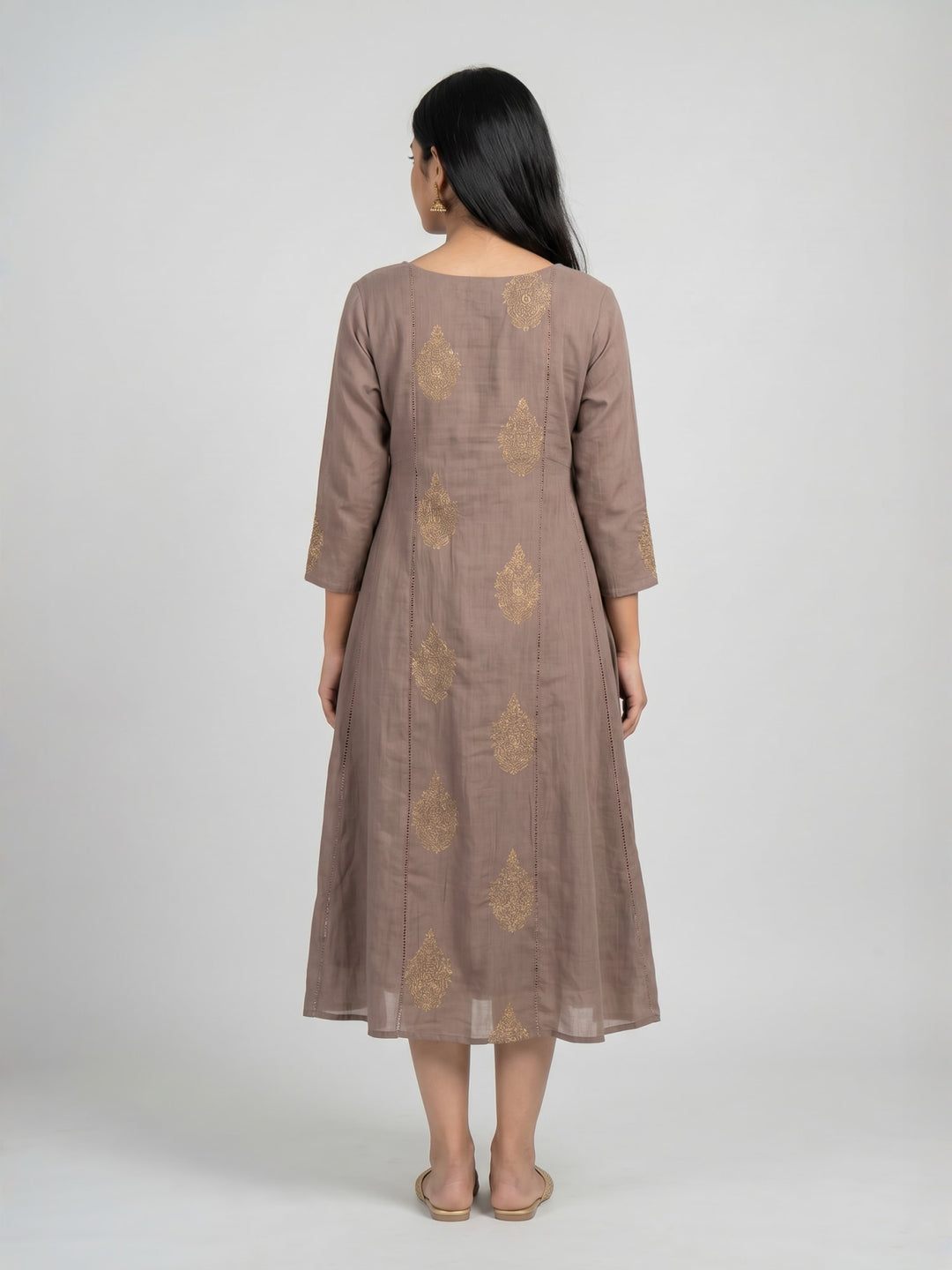 Taupe Anarkali Kurta with Gold Motifs | Flared Round Neck Kurta