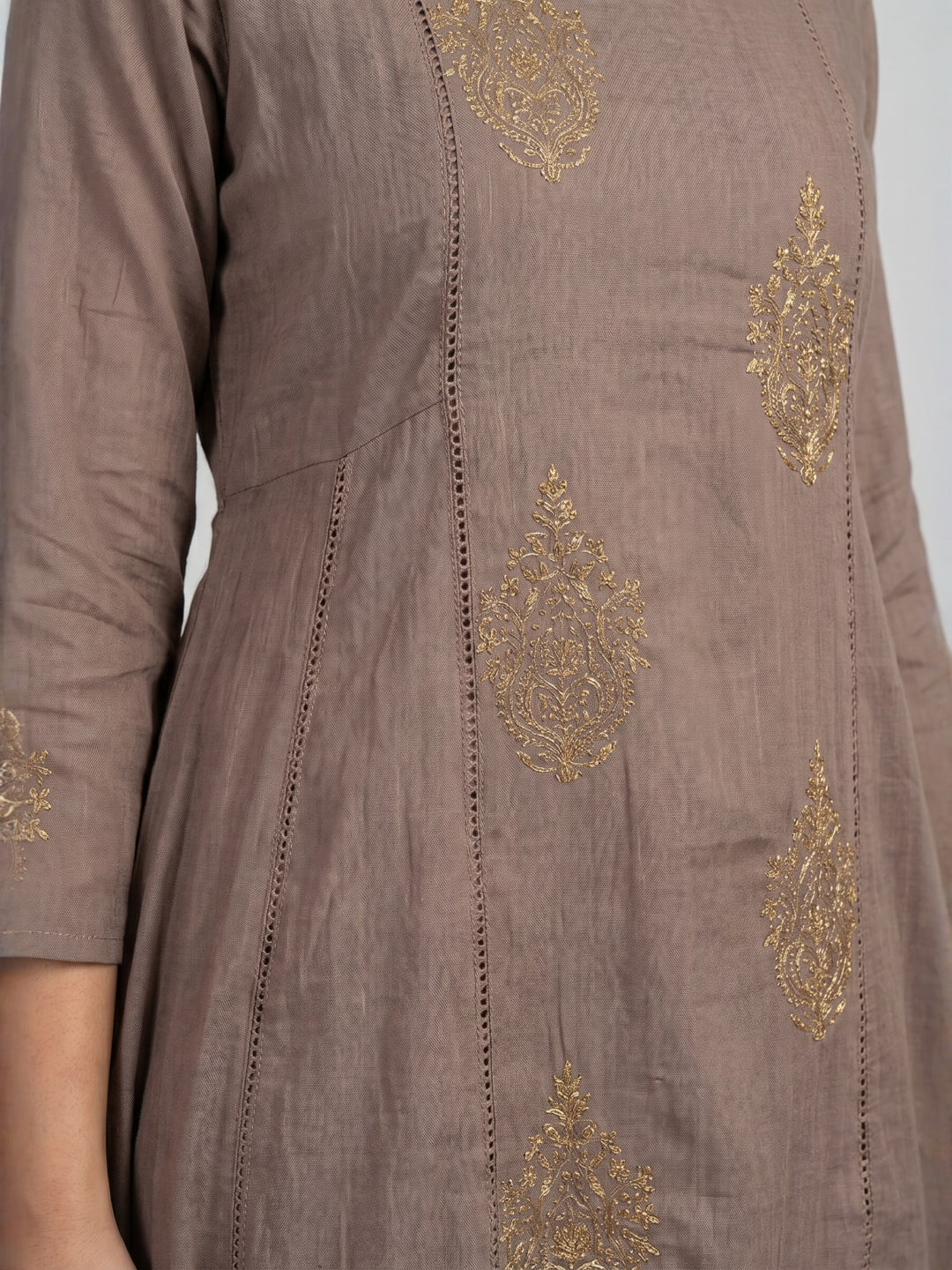 Taupe Anarkali Kurta with Gold Motifs | Flared Round Neck Kurta