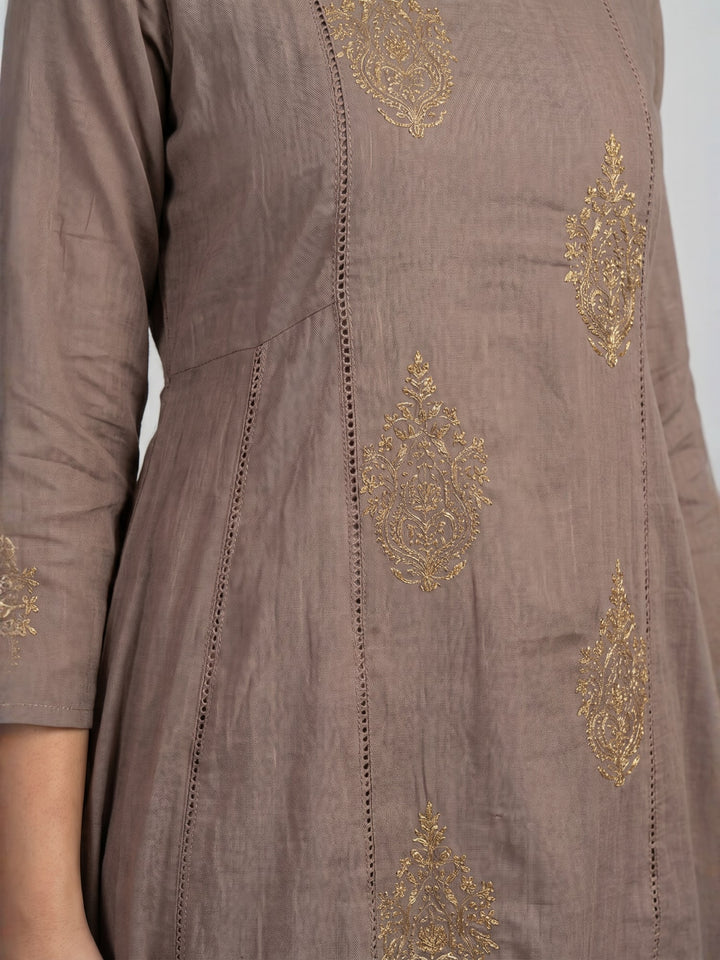 Taupe Anarkali Kurta with Gold Motifs | Flared Round Neck Kurta