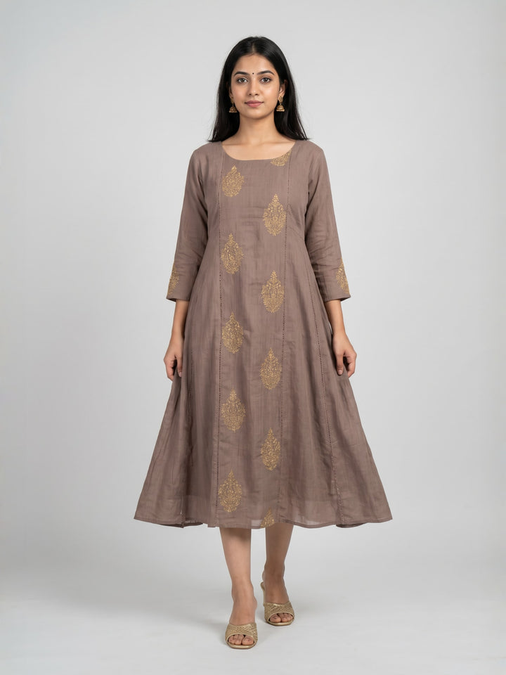Taupe Anarkali Kurta with Gold Motifs | Flared Round Neck Kurta