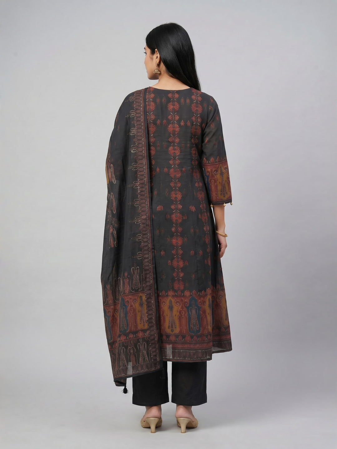 Charcoal Ethnic Print Kurta Set with Dupatta | Straight Kurta with Coordinated Bottom