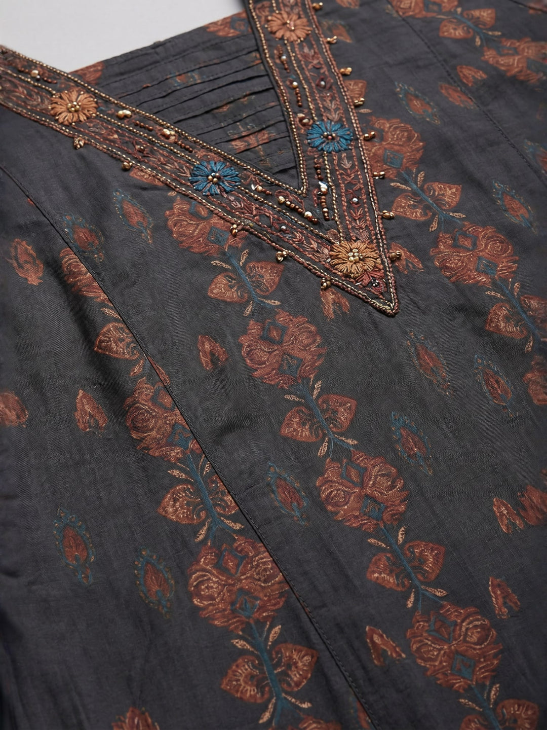 Charcoal Ethnic Print Kurta Set with Dupatta | Straight Kurta with Coordinated Bottom