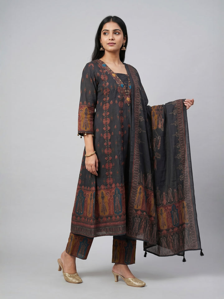 Charcoal Ethnic Print Kurta Set with Dupatta | Straight Kurta with Coordinated Bottom