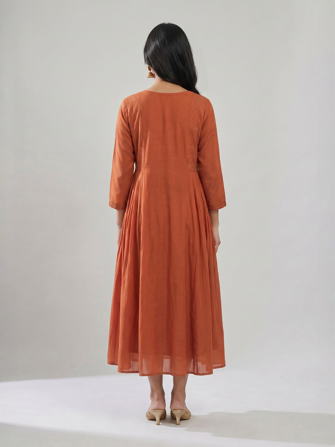 Rust Anarkali Kurta with Pleated Flare | V-Neck Flared Kurta