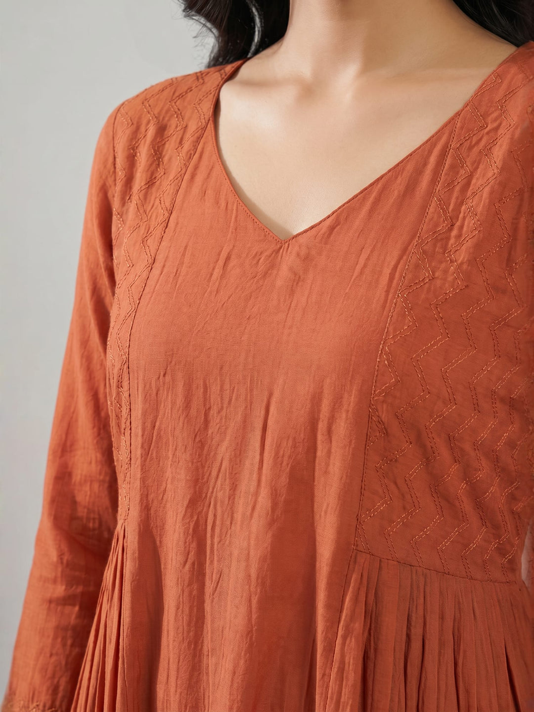 Rust Anarkali Kurta with Pleated Flare | V-Neck Flared Kurta