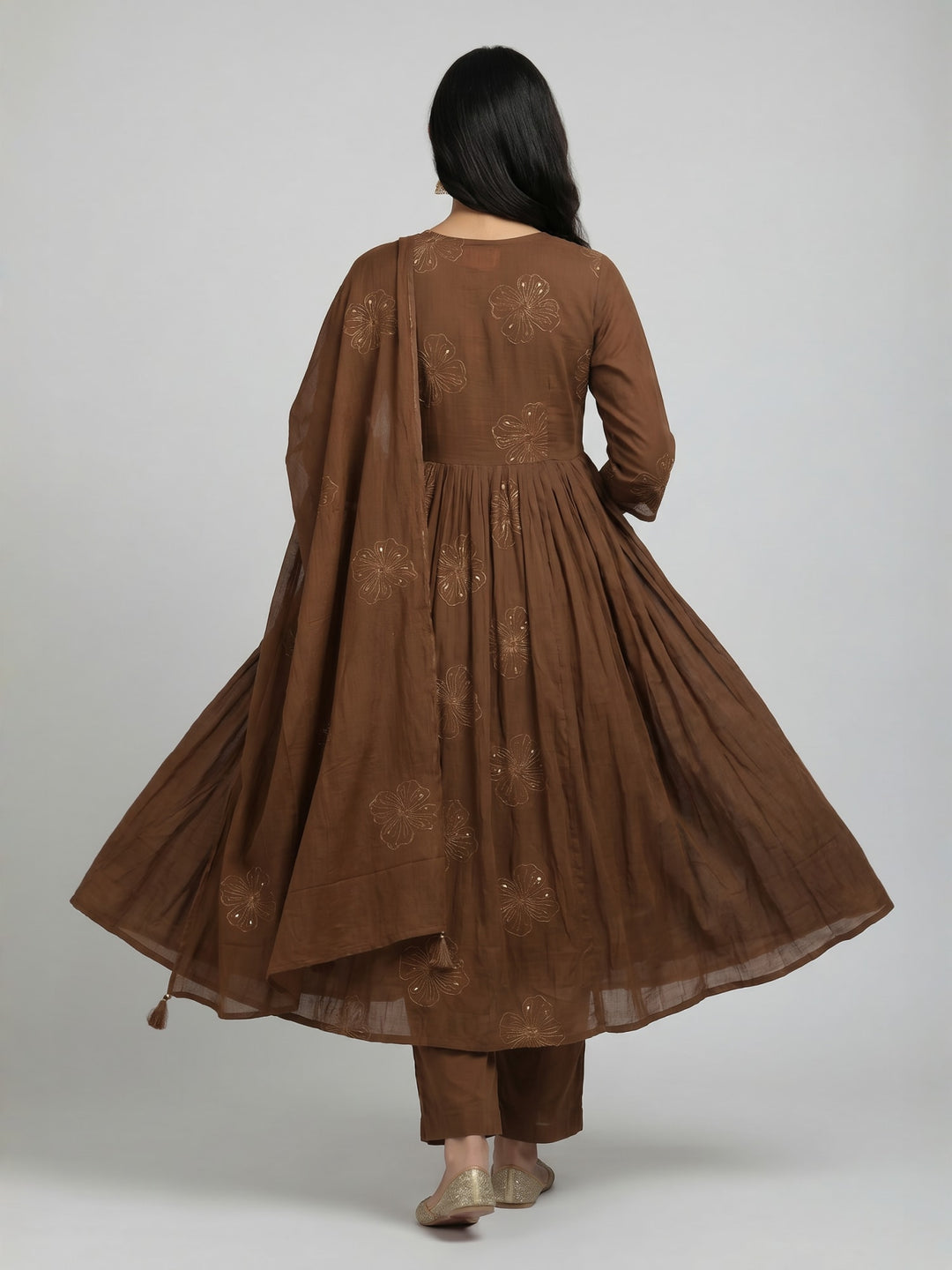 Brown Anarkali Kurta Set with Dupatta | Flared Kurta with Floral Motifs