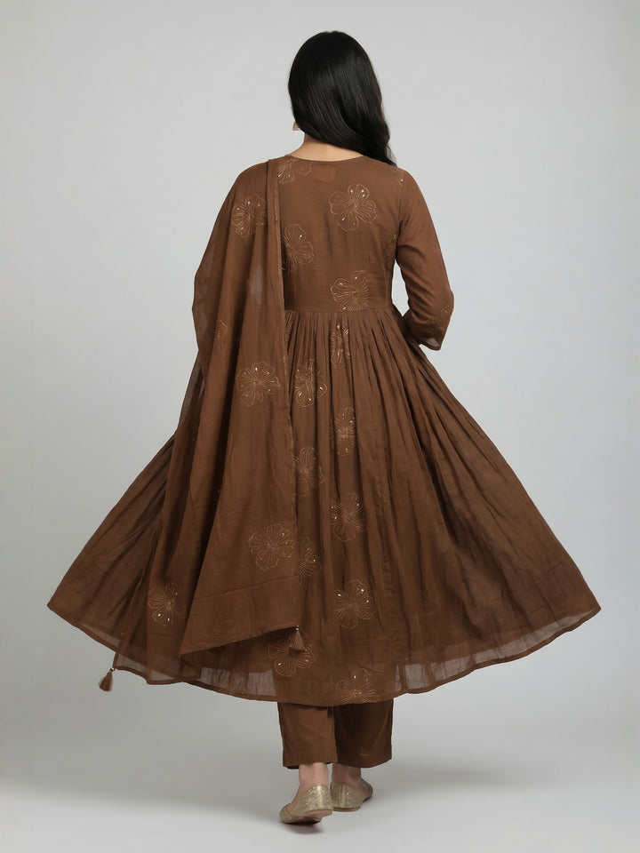 Brown Anarkali Kurta Set with Dupatta | Flared Kurta with Floral Motifs