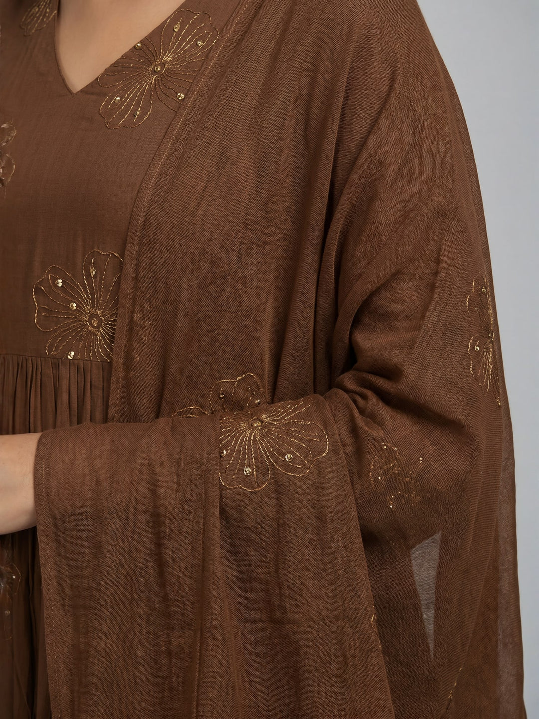 Brown Anarkali Kurta Set with Dupatta | Flared Kurta with Floral Motifs