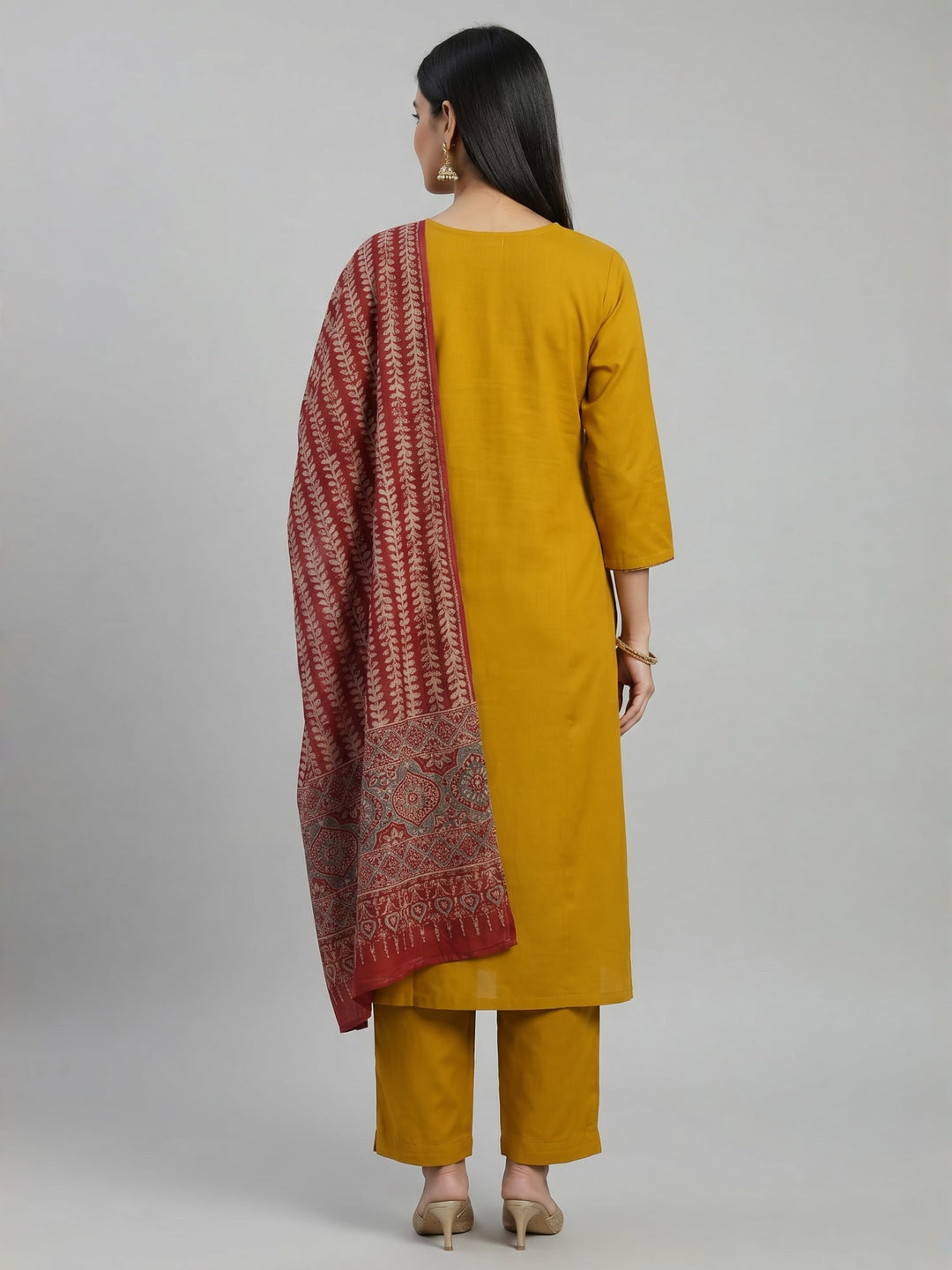 Mustard Straight Kurta Set with Printed Dupatta | Ethnic Kurta with Coordinated Bottom