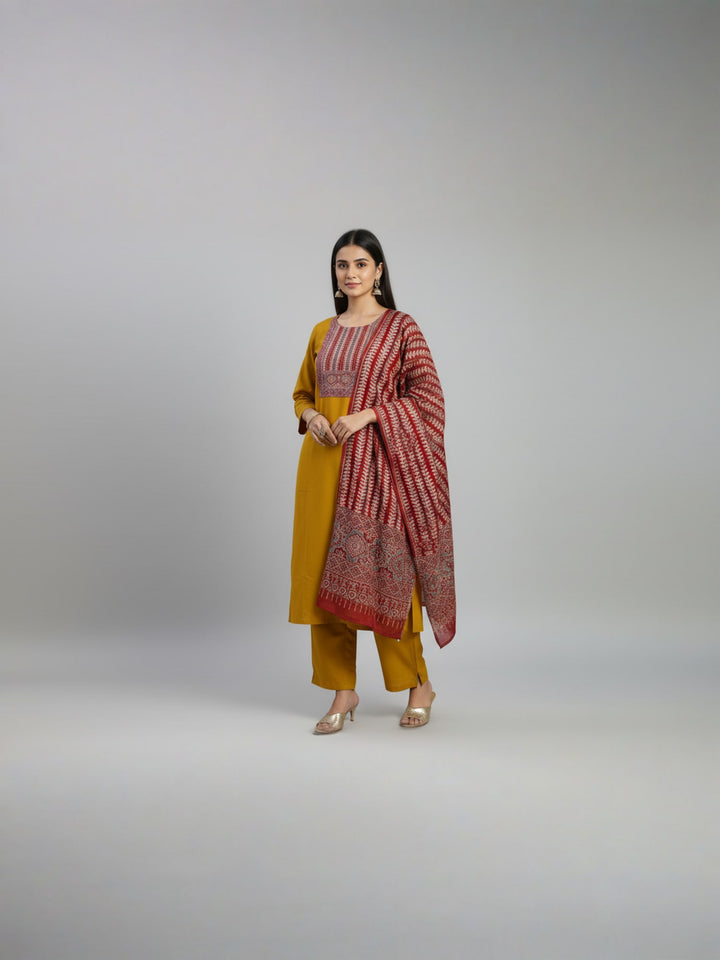 Mustard Straight Kurta Set with Printed Dupatta | Ethnic Kurta with Coordinated Bottom