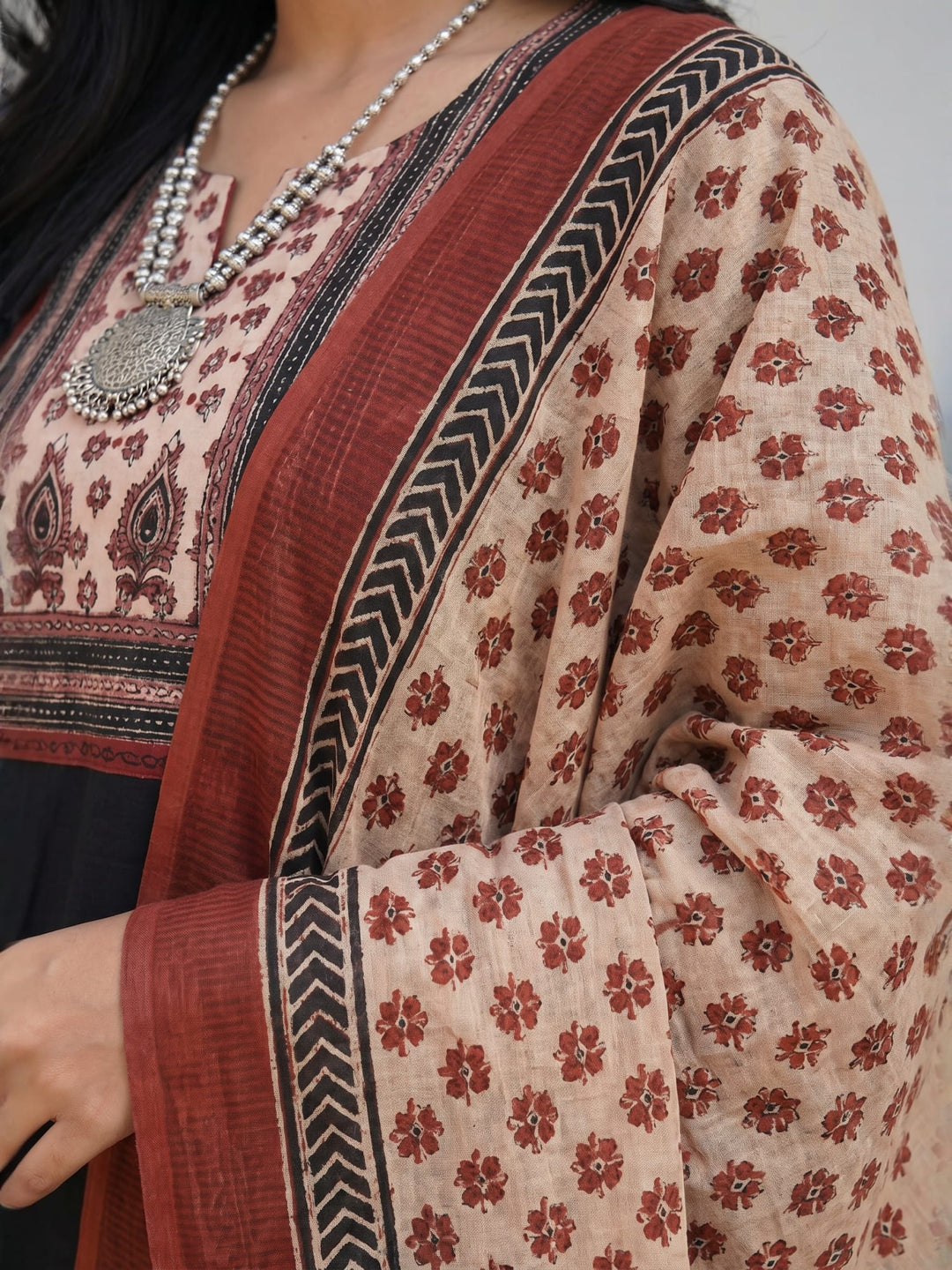 Black Ethnic Print Kurta Set with Dupatta | Straight Kurta with Printed Yoke