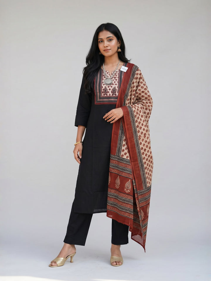 Black Ethnic Print Kurta Set with Dupatta | Straight Kurta with Printed Yoke