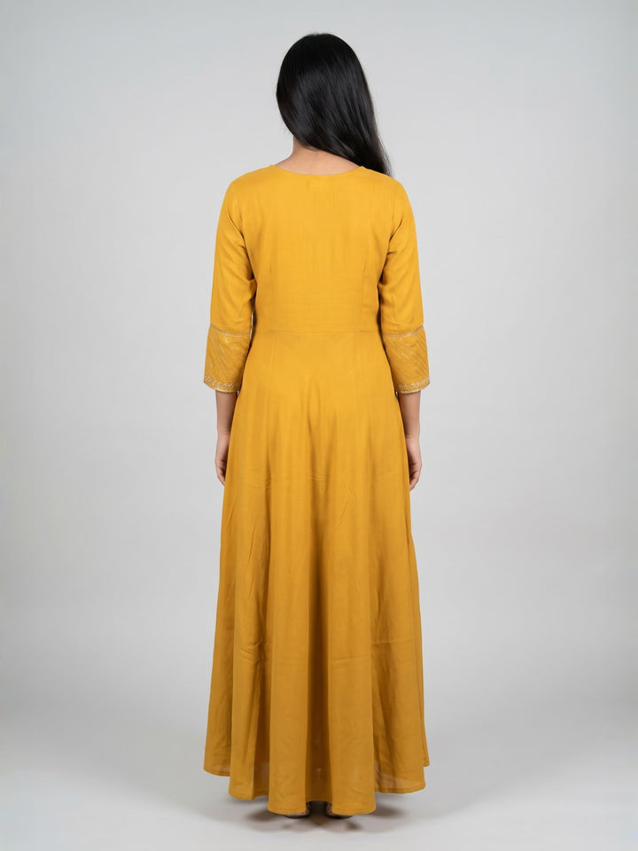 Mustard Anarkali Kurta with Panel Detailing | Flared Round Neck Kurta