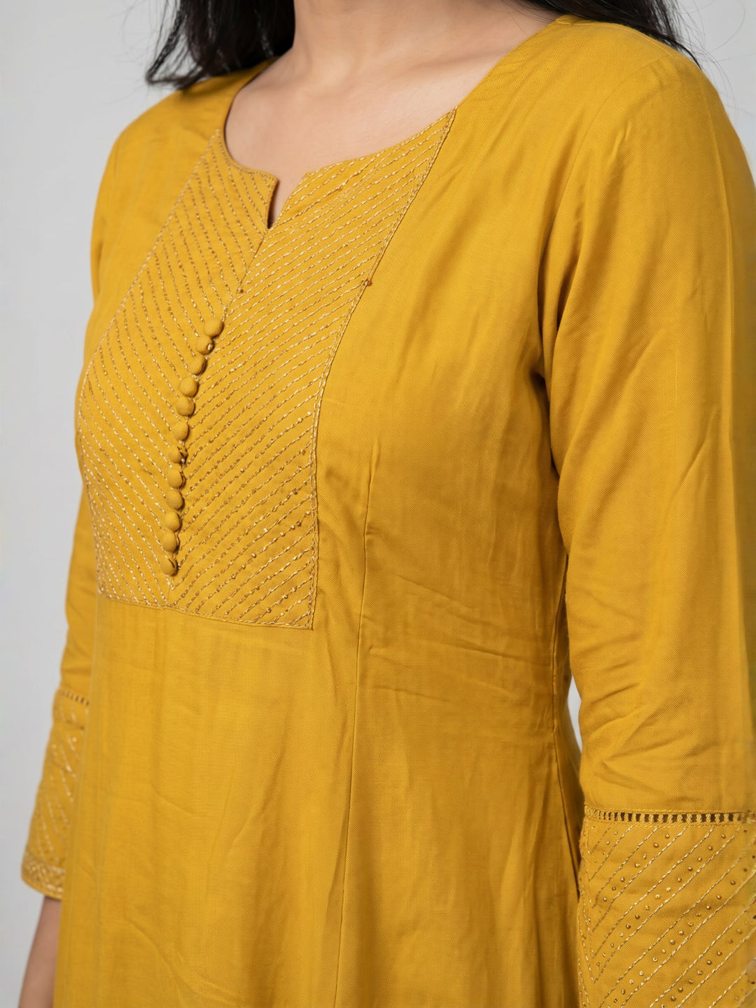 Mustard Anarkali Kurta with Panel Detailing | Flared Round Neck Kurta