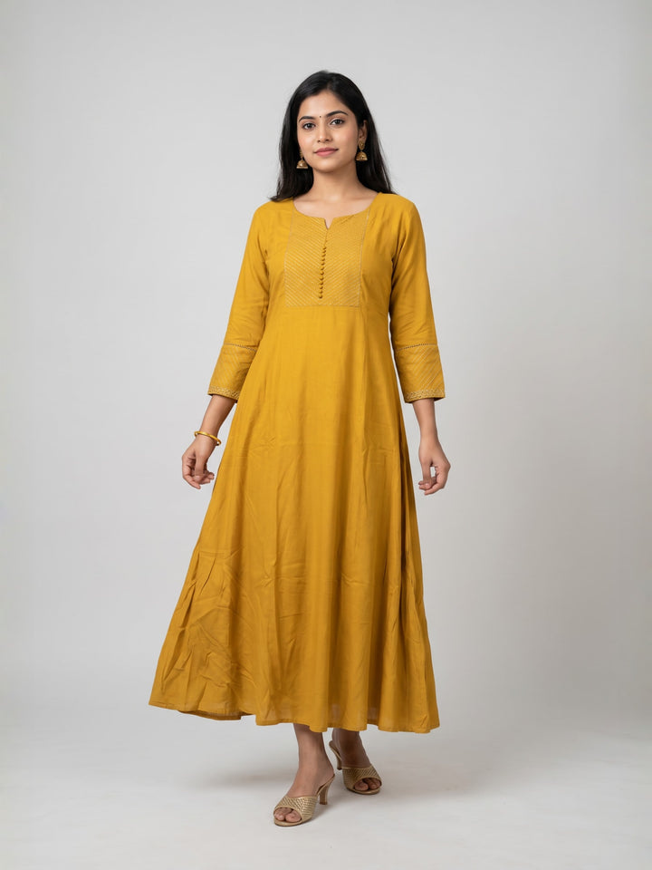 Mustard Anarkali Kurta with Panel Detailing | Flared Round Neck Kurta