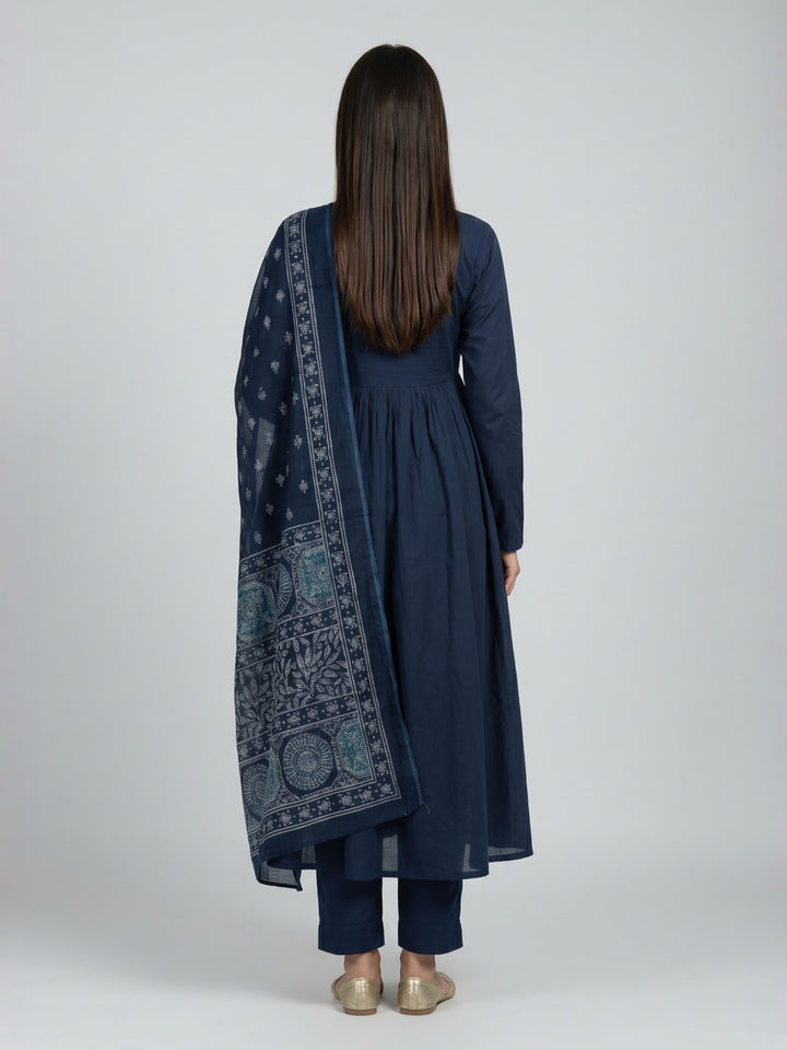 Navy Blue Anarkali Kurta Set with Dupatta | Embellished Yoke Flared Kurta