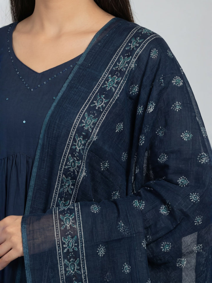 Navy Blue Anarkali Kurta Set with Dupatta | Embellished Yoke Flared Kurta