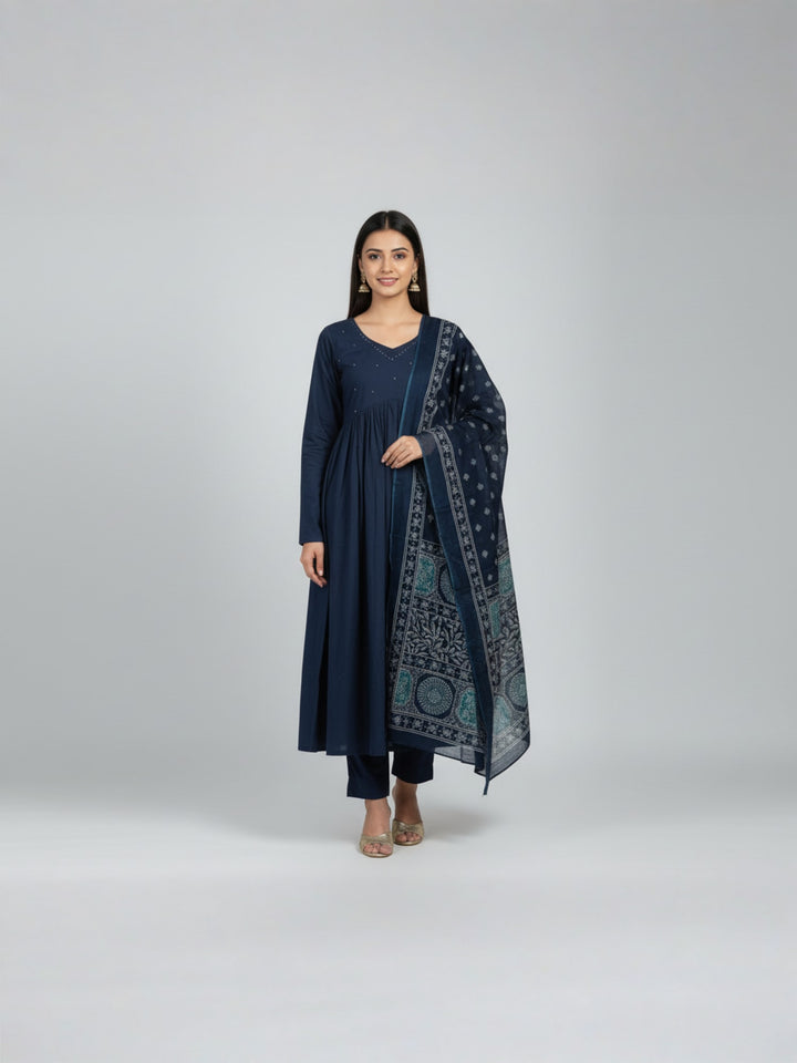 Navy Blue Anarkali Kurta Set with Dupatta | Embellished Yoke Flared Kurta