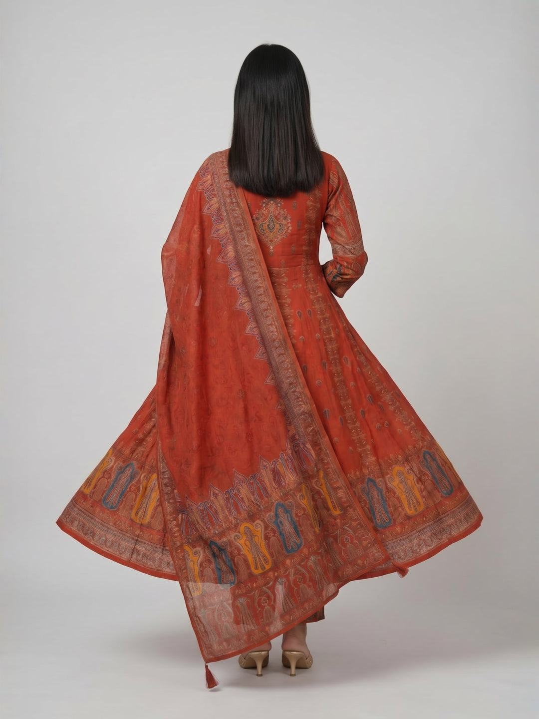 Rust Ethnic Print Anarkali Kurta Set with Dupatta | Flared Kurta with Coordinated Bottom