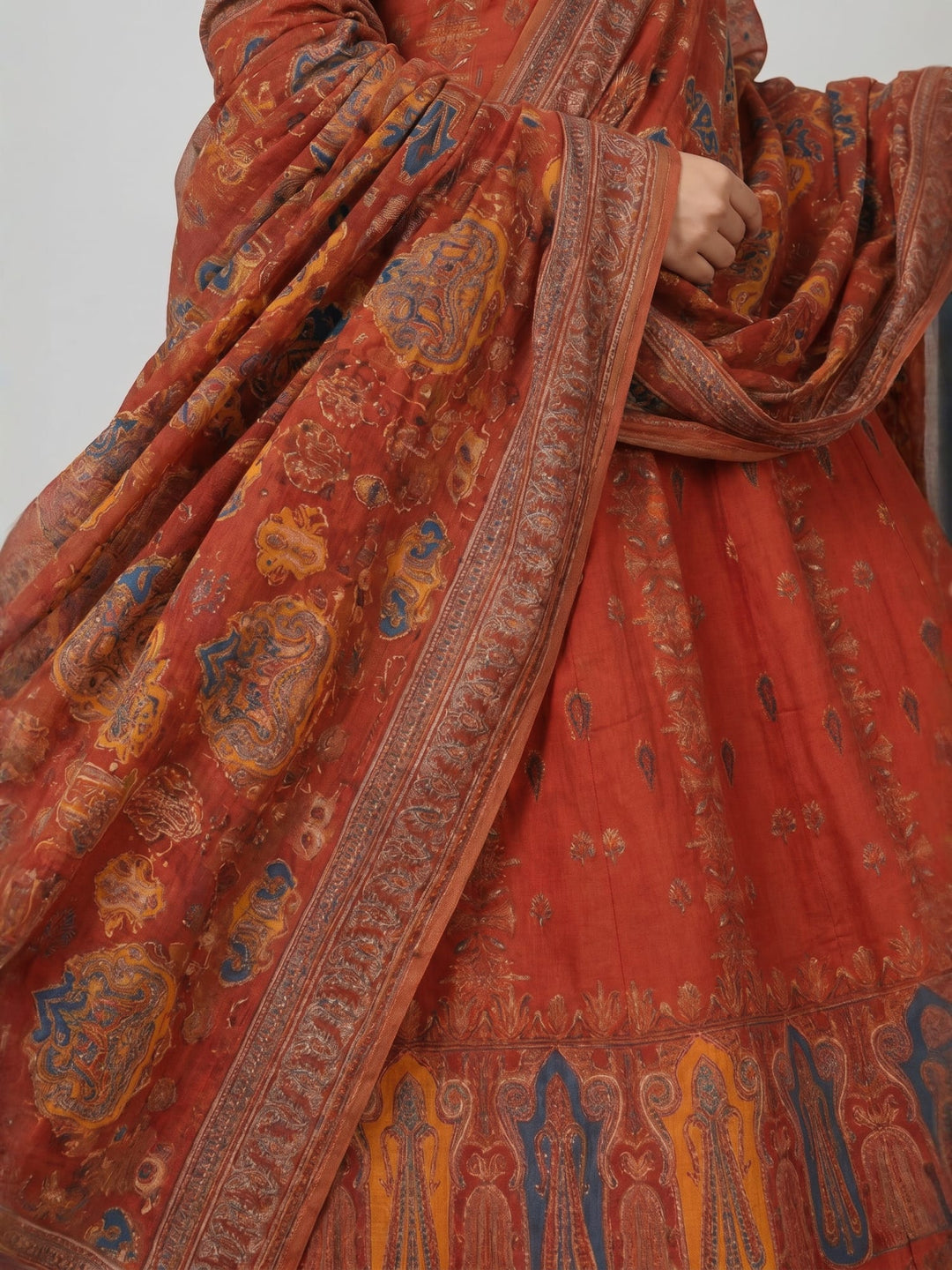 Rust Ethnic Print Anarkali Kurta Set with Dupatta | Flared Kurta with Coordinated Bottom