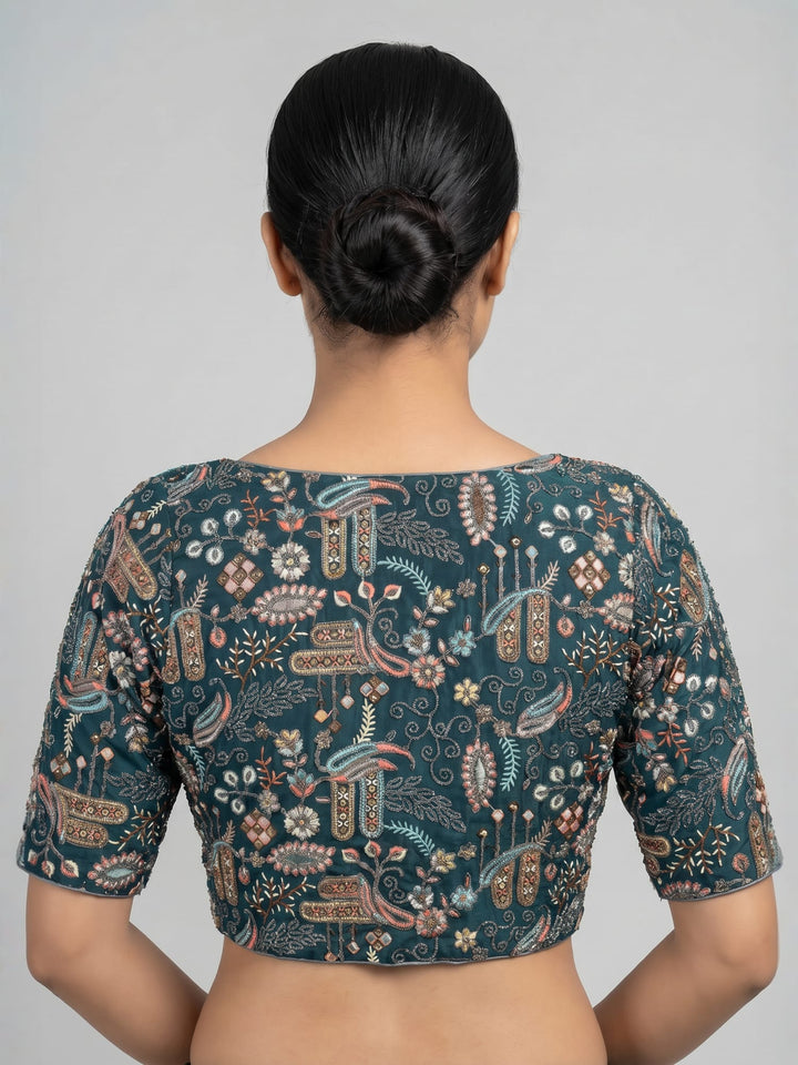 Teal Green Threadwork Silk Blend Blouse | V-Neck Festive Blouse