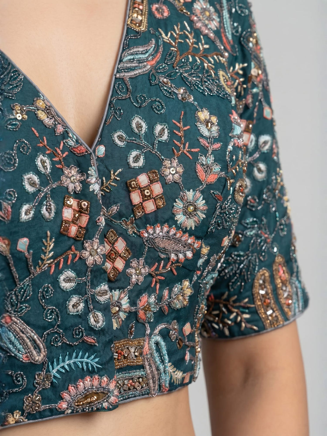 Teal Green Threadwork Silk Blend Blouse | V-Neck Festive Blouse