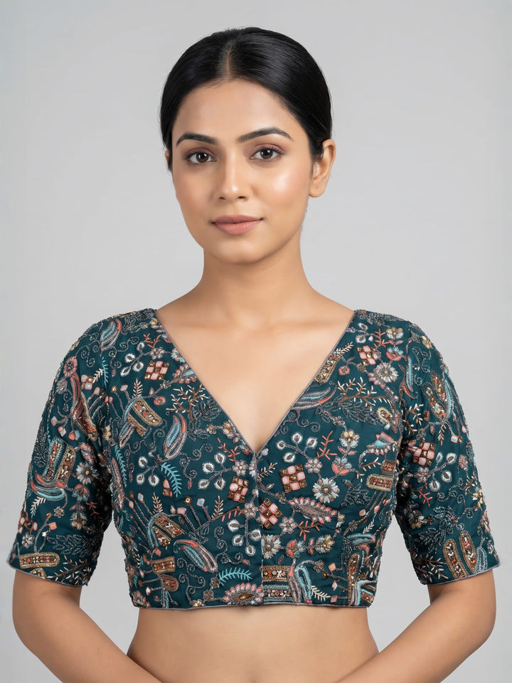 Teal Green Threadwork Silk Blend Blouse | V-Neck Festive Blouse