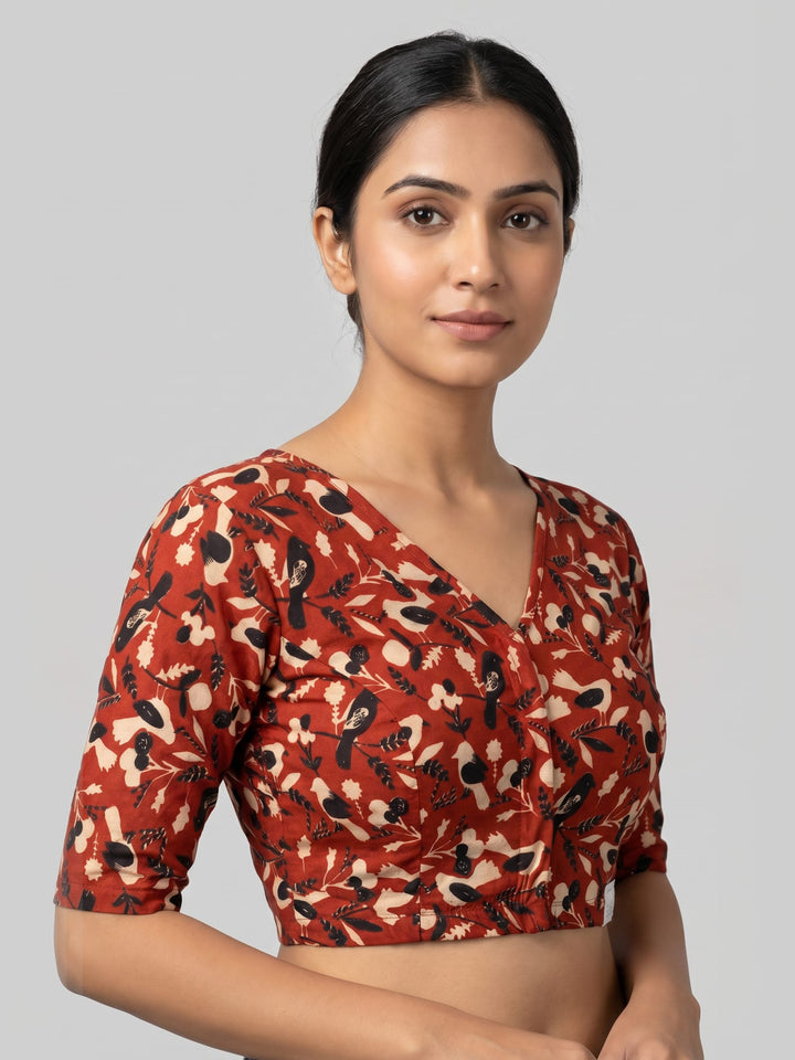 Red Lycra Blouse | Elbow Sleeve Front Open Saree Blouse