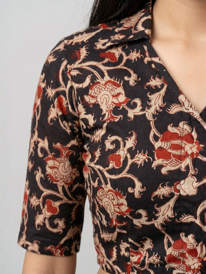 Black Lycra Blouse | Elbow Sleeve Front Open Saree Blouse