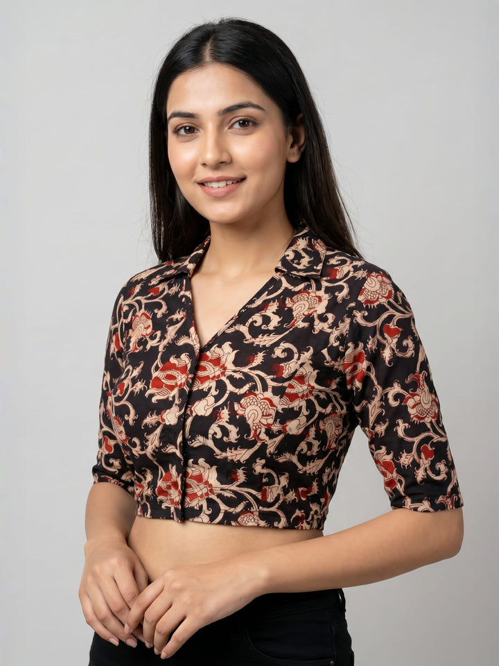 Black Lycra Blouse | Elbow Sleeve Front Open Saree Blouse