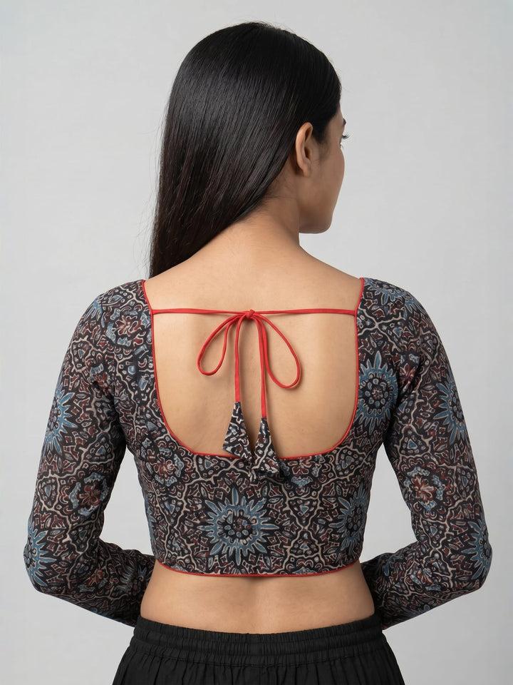 Black Blue Ajrakh Print Cotton | Standard Readymade Saree Blouse