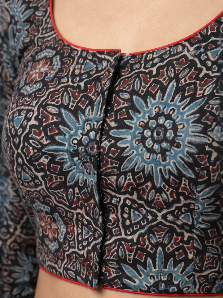 Black Blue Ajrakh Print Cotton | Standard Readymade Saree Blouse