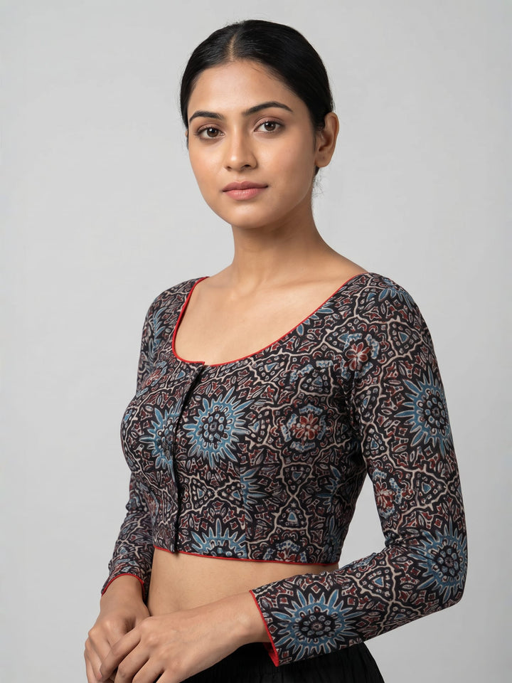 Black Blue Ajrakh Print Cotton | Standard Readymade Saree Blouse