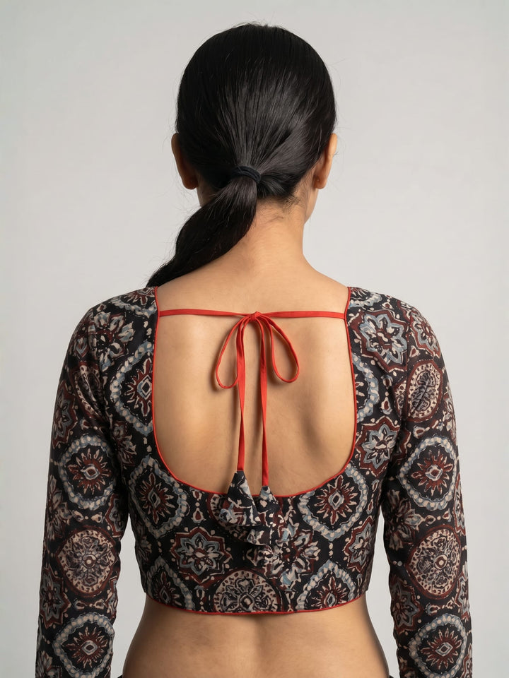 Black Beige Ajrakh Print Cotton | Standard Readymade Saree Blouse