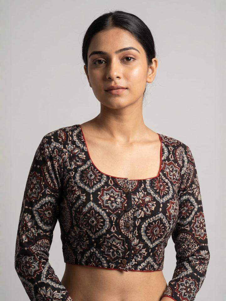 Black Beige Ajrakh Print Cotton | Standard Readymade Saree Blouse