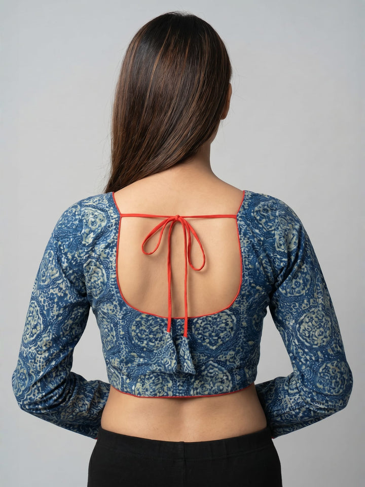Indigo Ajrakh Print Cotton | Standard Readymade Saree Blouse