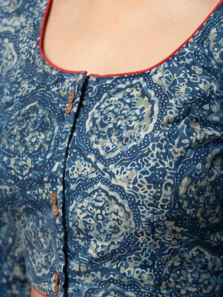 Indigo Ajrakh Print Cotton | Standard Readymade Saree Blouse