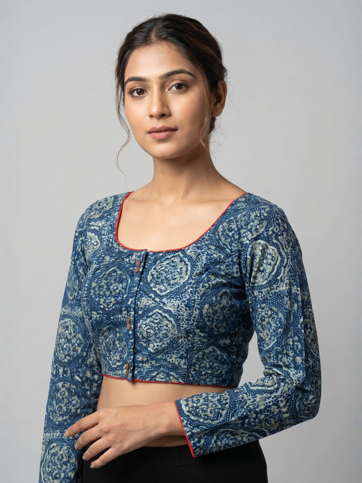 Indigo Ajrakh Print Cotton | Standard Readymade Saree Blouse