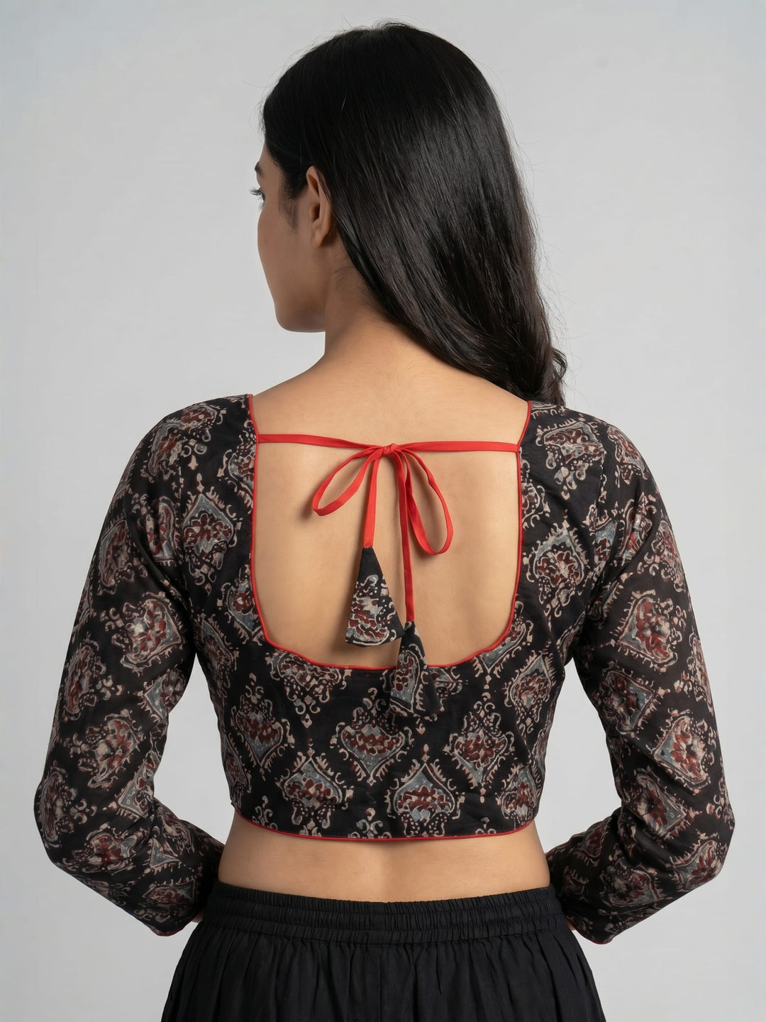 Black Rust Ajrakh Print Cotton | Standard Readymade Saree Blouse