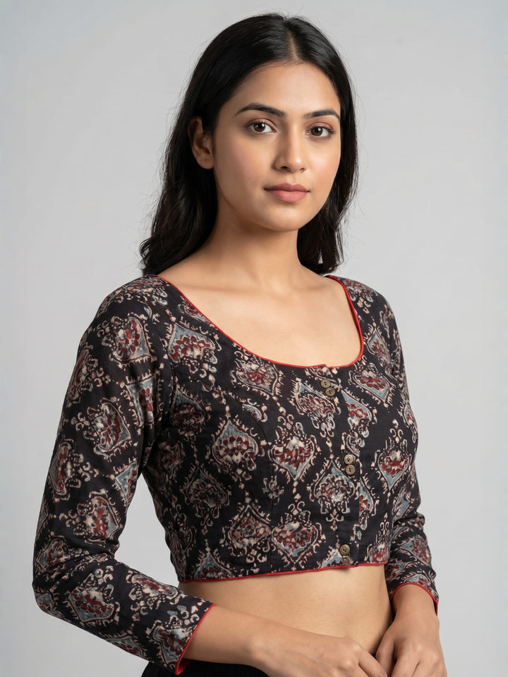 Black Rust Ajrakh Print Cotton | Standard Readymade Saree Blouse