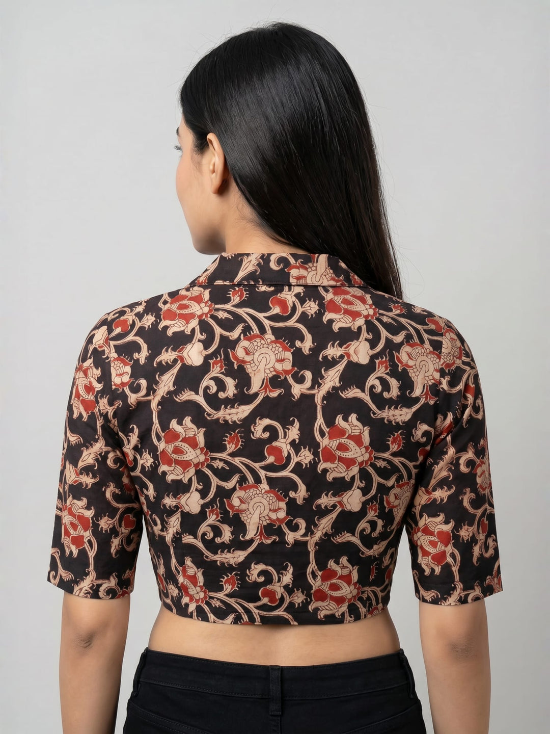 Black Lycra Blouse | Elbow Sleeve Front Open Saree Blouse