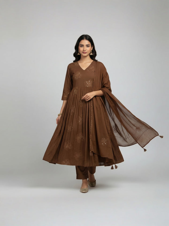 Brown Anarkali Kurta Set with Dupatta | Flared Kurta with Floral Motifs