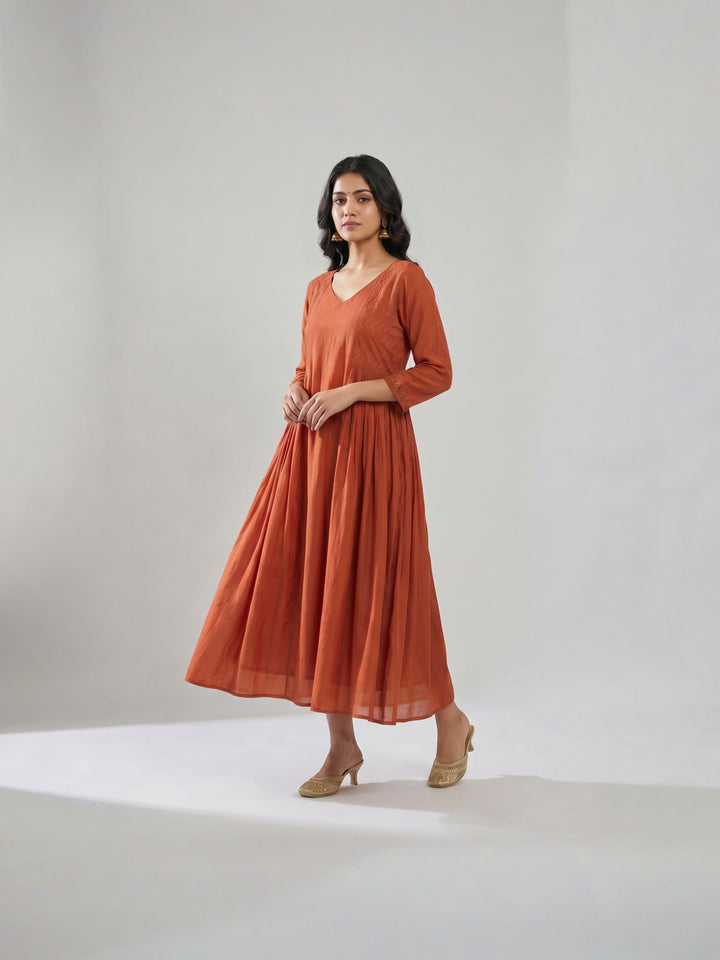 Rust Anarkali Kurta with Pleated Flare | V-Neck Flared Kurta