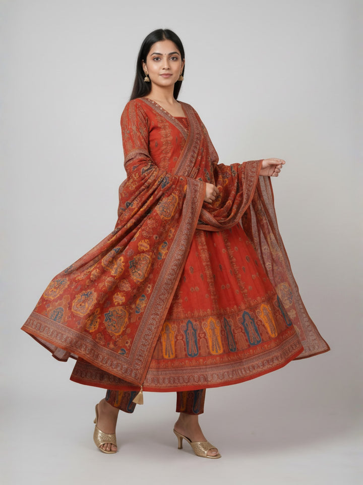 Rust Ethnic Print Anarkali Kurta Set with Dupatta | Flared Kurta with Coordinated Bottom