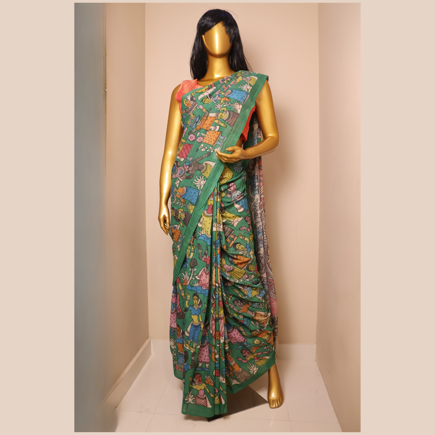 Hand Painted Pen Kalamkari Cotton  Saree with floral Design